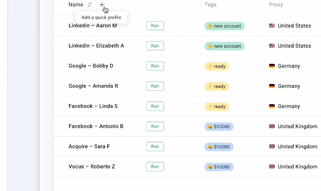 Profiles table with built-in proxies